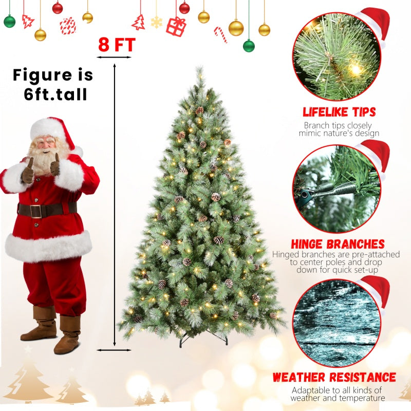 8ft PVC Christmas tree with 200 warm white LED lights and pine cones, 6ft Santa figure model