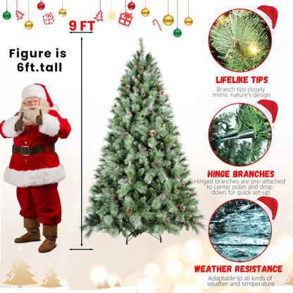 9ft green PVC Christmas tree with pine cones, lifelike tips, hinge branches, and weather resistance shown next to 6ft Santa figure