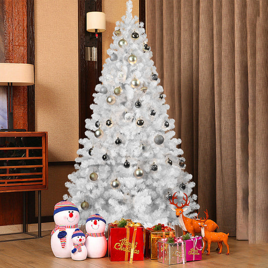 5.5ft white artificial Christmas tree with silver and black ornaments, surrounded by gifts, snowman and reindeer decor