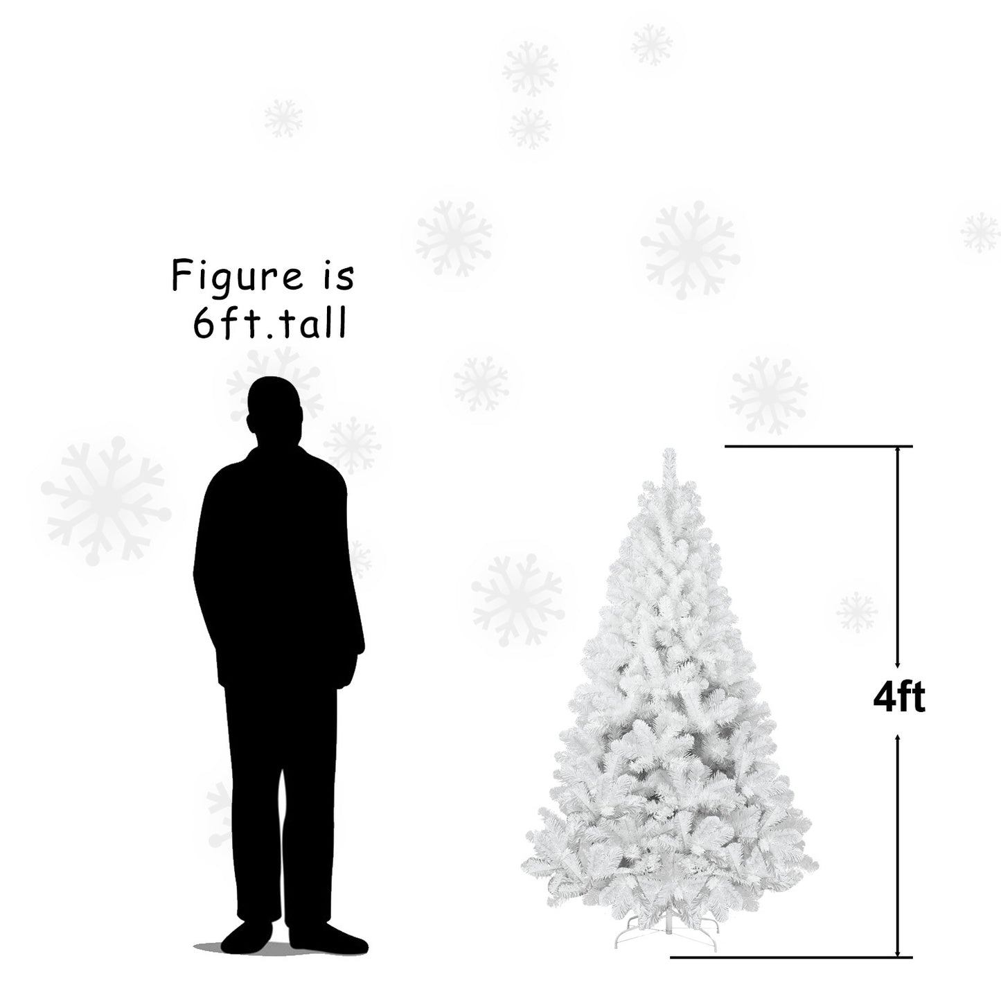 4ft tall white artificial Christmas tree beside silhouette of 6ft tall person on white background