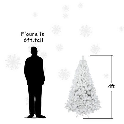 4ft tall white artificial Christmas tree beside silhouette of 6ft tall person on white background