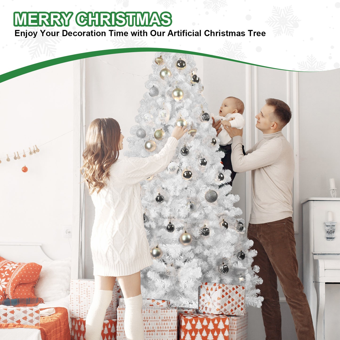 Family decorating a 5.5ft white artificial Christmas tree with silver and gold ornaments in a cozy living room
