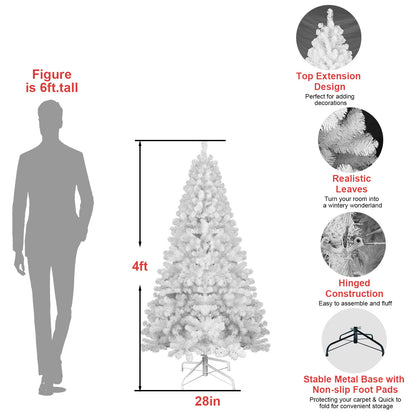 4ft white artificial Christmas tree with hinged construction and stable metal base, shown next to 6ft figure