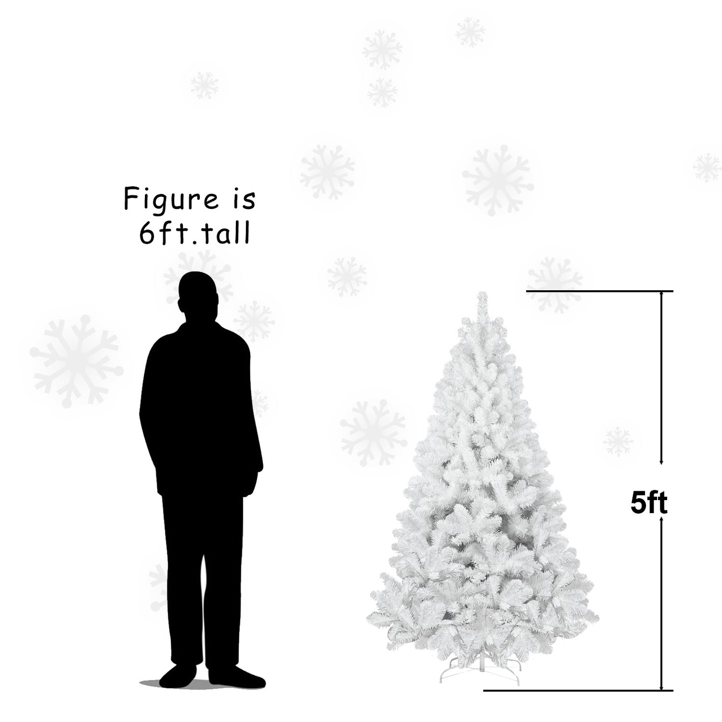 5ft white artificial PVC Christmas tree with dense branches next to 6ft tall silhouette figure