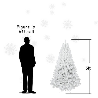 5ft white artificial PVC Christmas tree with dense branches next to 6ft tall silhouette figure