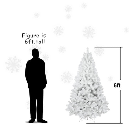 6ft tall white artificial Christmas tree with full branches and metal stand next to silhouette
