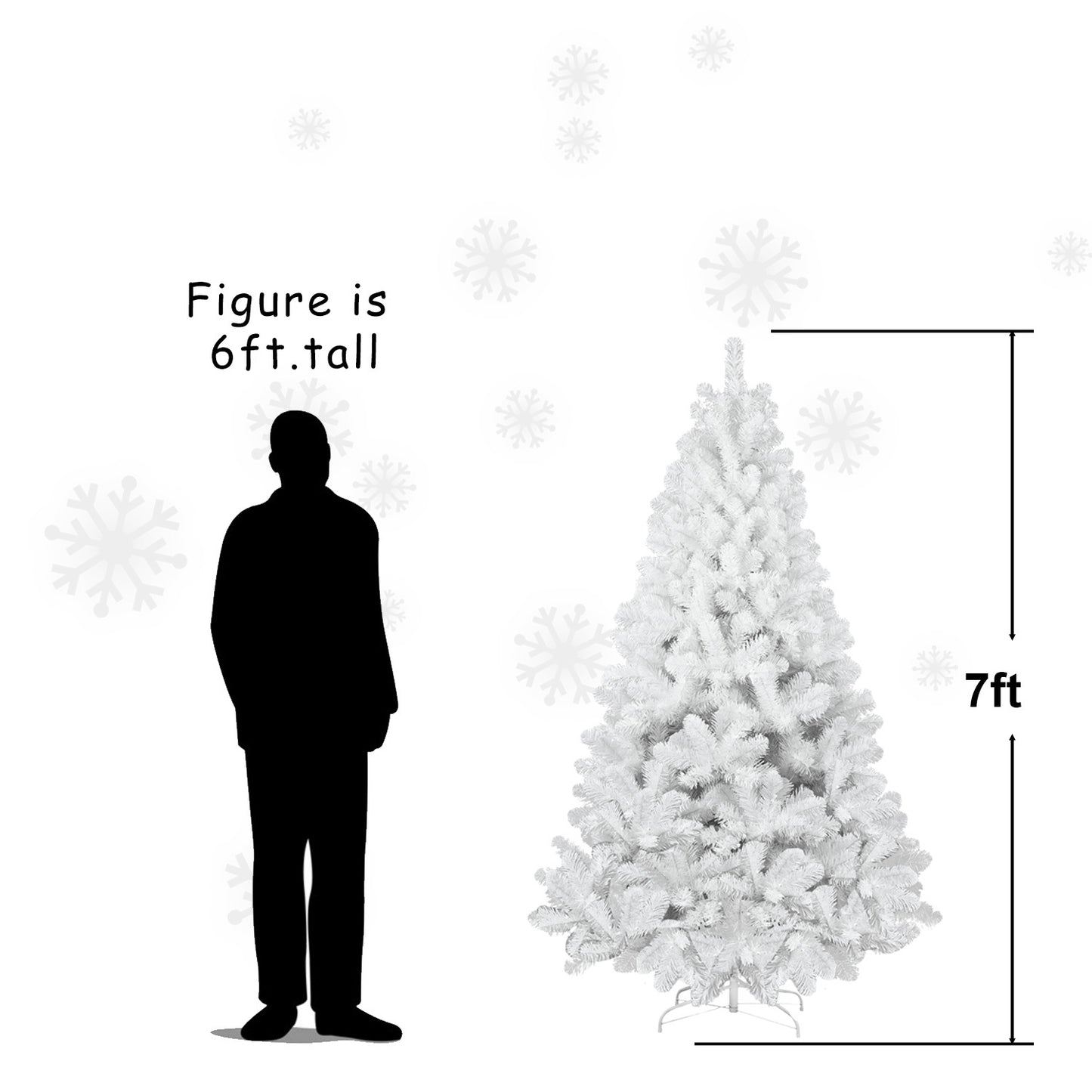 7ft tall white artificial Christmas tree next to 6ft tall human figure silhouette