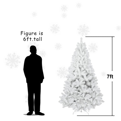 7ft tall white artificial Christmas tree next to 6ft tall human figure silhouette