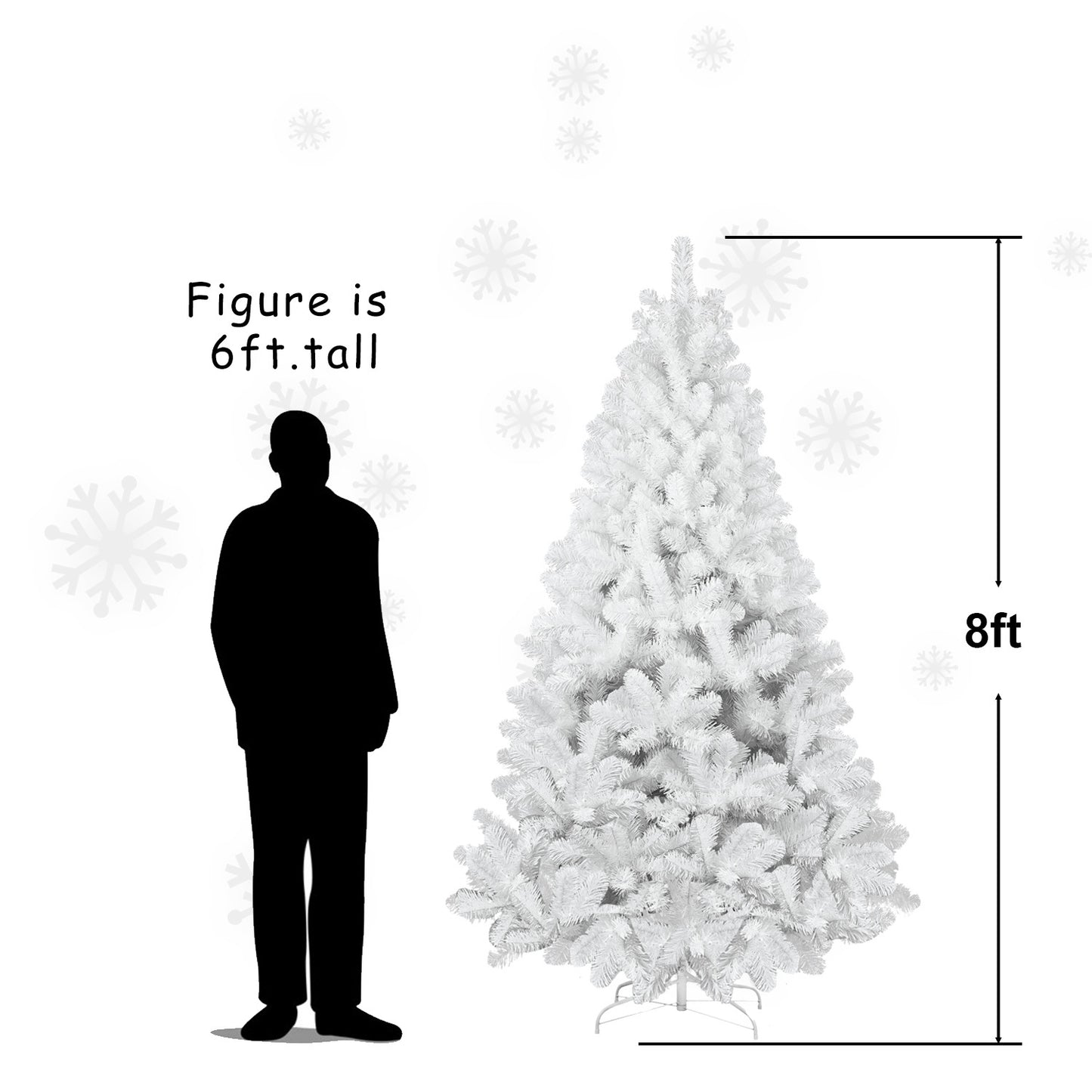 8ft tall white artificial Christmas tree with full branches next to 6ft tall human silhouette