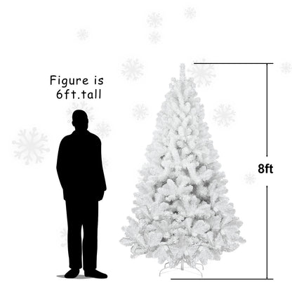 8ft tall white artificial Christmas tree with full branches next to 6ft tall human silhouette