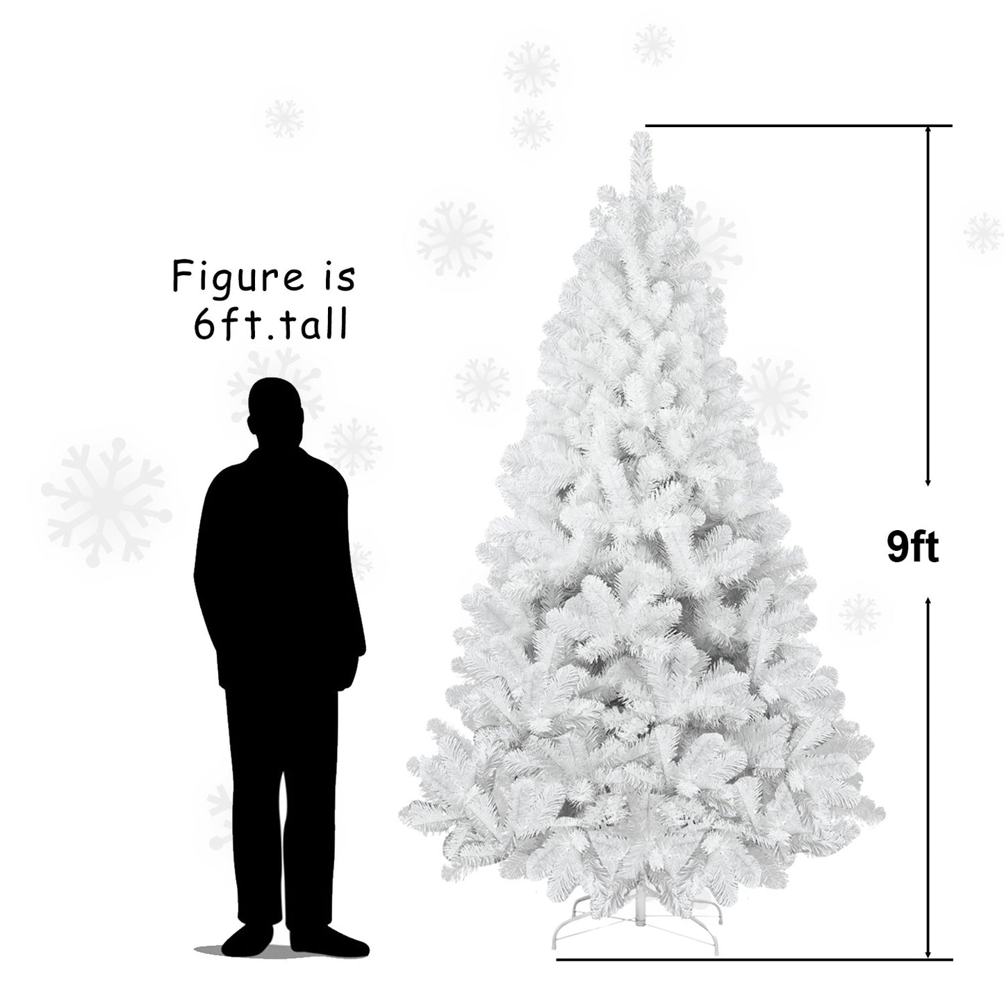 9ft tall white artificial Christmas tree with dense PVC branches and metal stand, compared to 6ft figure