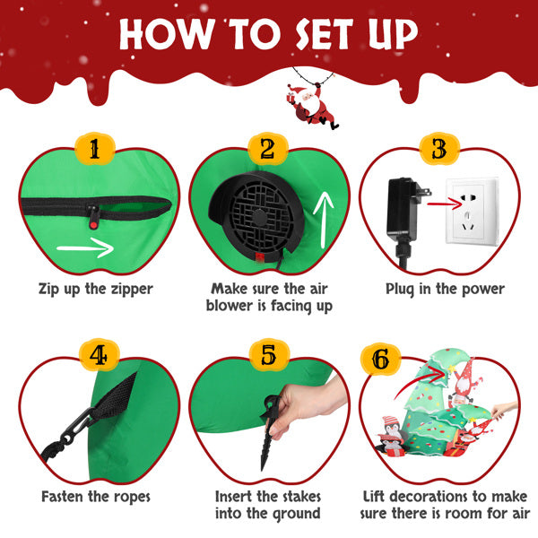 Step-by-step inflatable Christmas decoration setup instructions with images and text on a red background