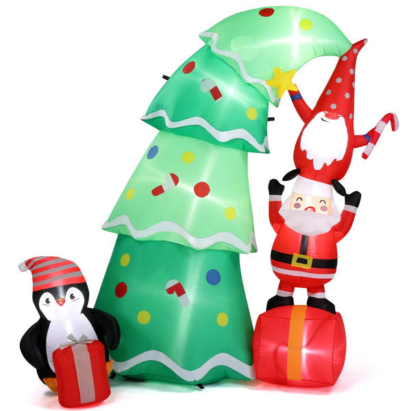 Holiday inflatable decoration with Christmas tree, two Santa figures, and penguin holding gifts