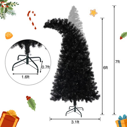 7ft tall black artificial Christmas tree with curved tip and metal stand dimensions shown