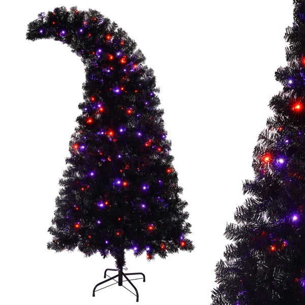 5-6ft black artificial Christmas tree shaped like a witch hat with red and purple LED lights
