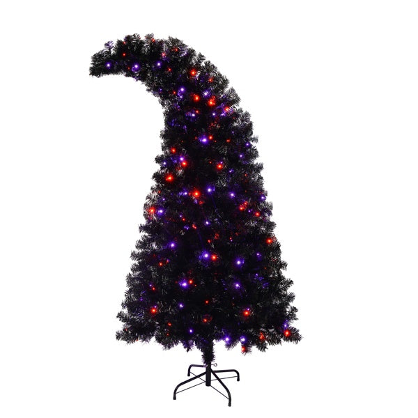 6ft black artificial Christmas tree with curved top, featuring red and purple LED lights