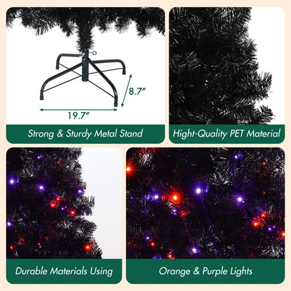 Black artificial Christmas tree with strong metal stand, high-quality PET branches, and orange and purple LED lights