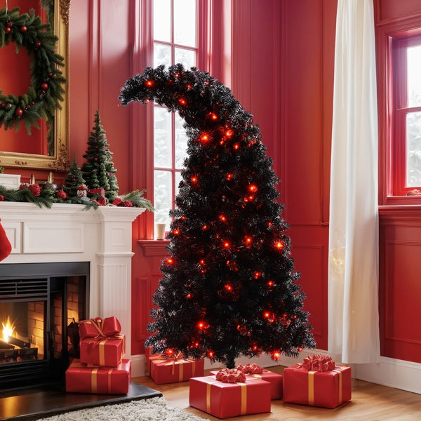 Black artificial Christmas tree with red lights and curved top in red living room near fireplace with wrapped gifts