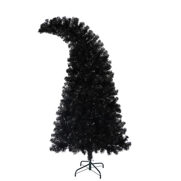 Tall black artificial Christmas tree with curved top and metal stand on white background