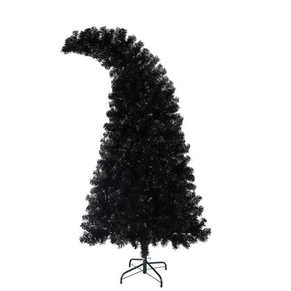 Tall black artificial Christmas tree with curved top and metal stand on white background
