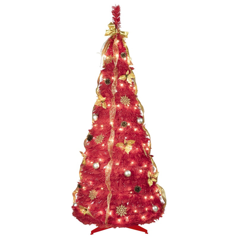 5-6ft red artificial Christmas tree with gold ribbons, white lights, and silver ornaments