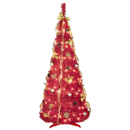 5-6ft red artificial Christmas tree with gold ribbons, white lights, and silver ornaments