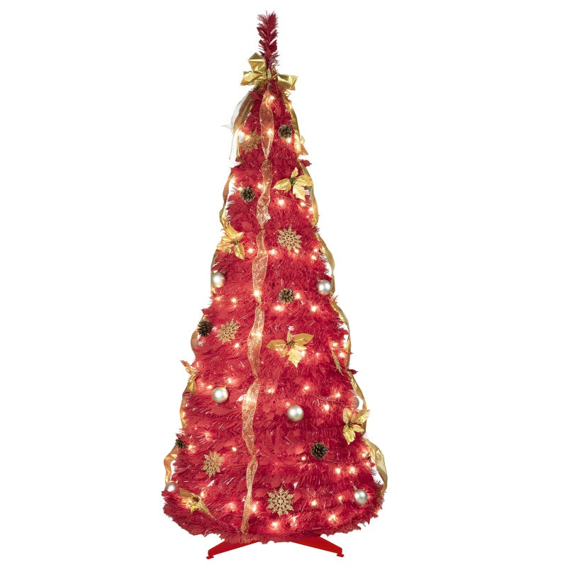 Red pre-lit Christmas tree decorated with gold ribbons, poinsettias, silver balls, and snowflake ornaments