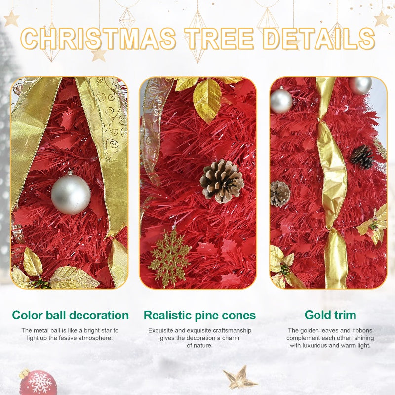 Close-up details of red Christmas tree with silver ball ornaments, realistic pine cones, and gold ribbon trim