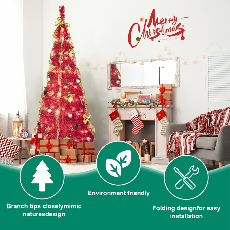 Red pre-lit Christmas tree with gold ribbons, ornaments, and gifts in cozy living room with fireplace and festive decor