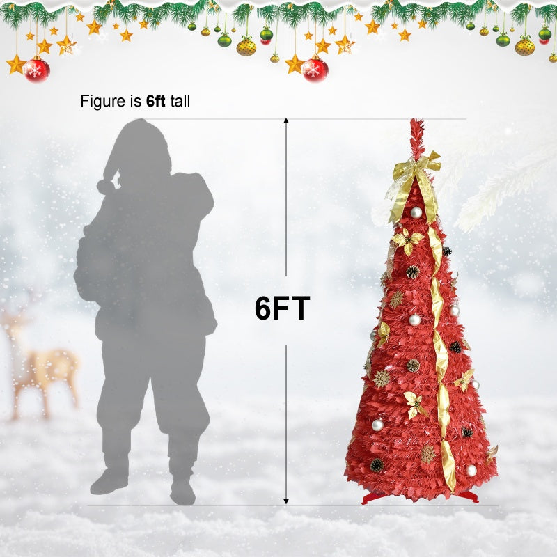 6ft tall red artificial Christmas tree decorated with gold ribbons, ornaments, and pinecones next to a silhouette figure