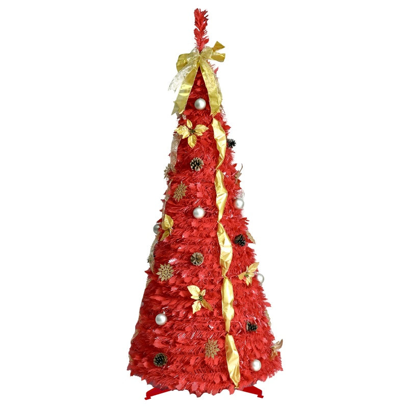 Tall artificial red Christmas tree decorated with gold ribbon, pinecones, white baubles, and gold leaves
