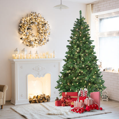 Festive living room with a decorated Christmas tree, glowing wreath, lit candles, and wrapped gifts