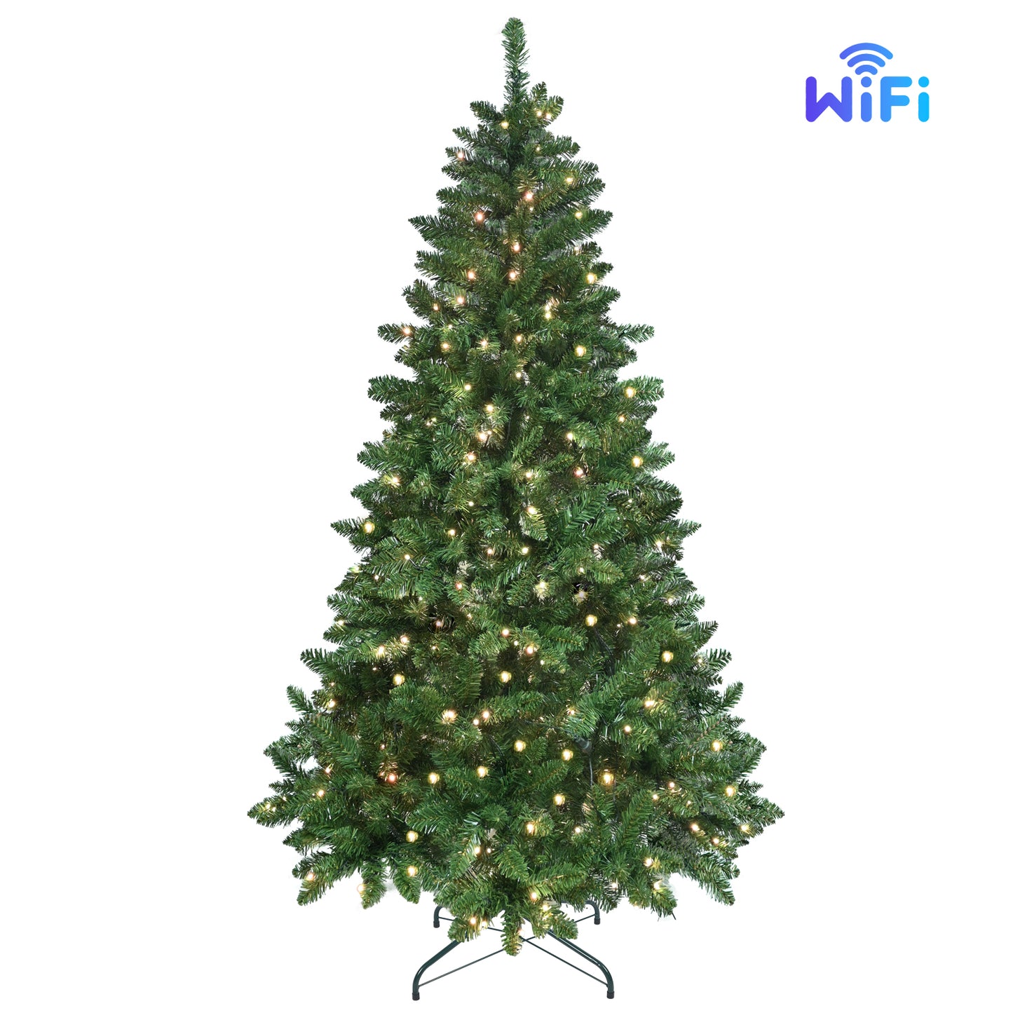 6ft green artificial Christmas tree with warm white lights and metal stand on white background