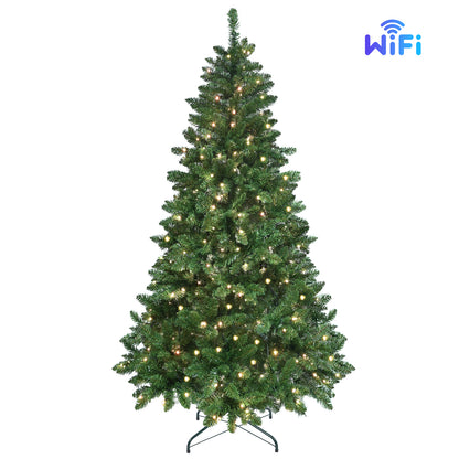 6ft green artificial Christmas tree with warm white lights and metal stand on white background