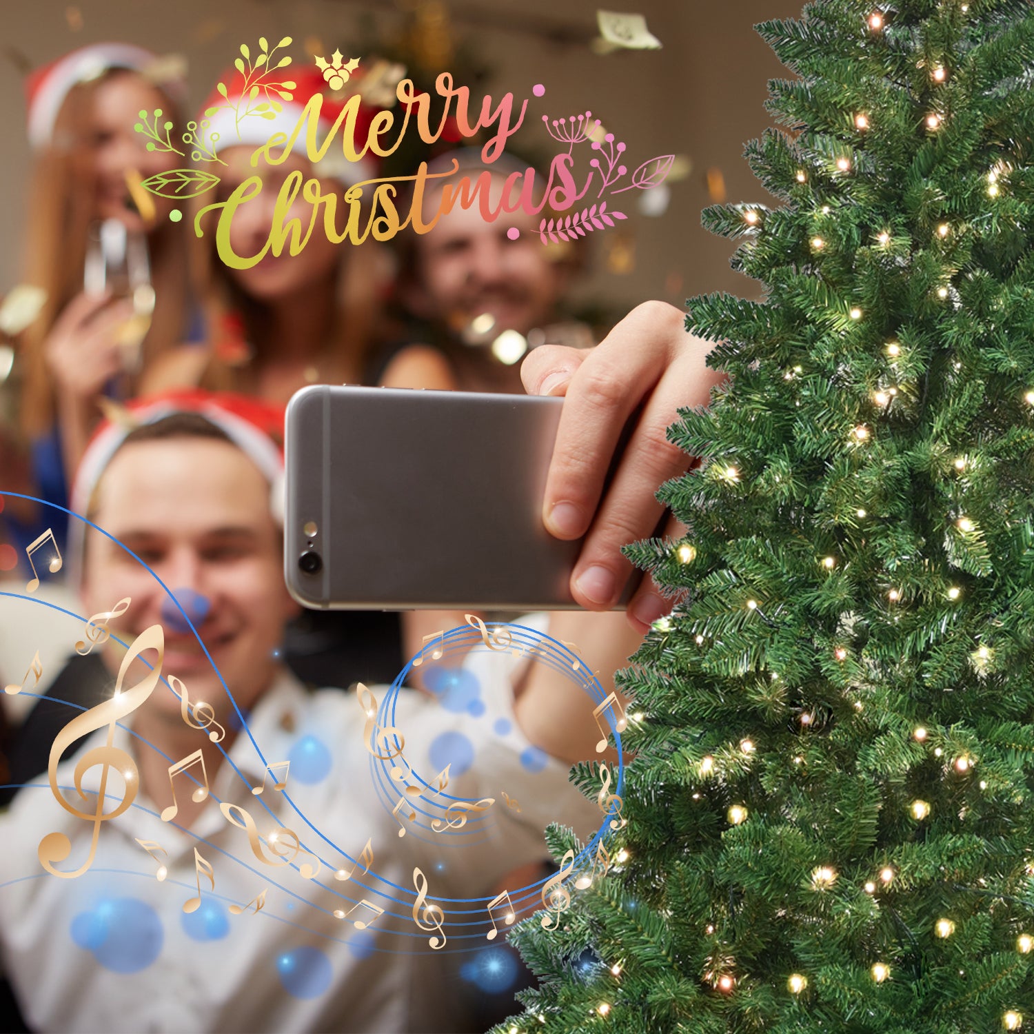 5-6ft artificial PE PVC Christmas tree with lights and people taking a selfie, festive holiday decor