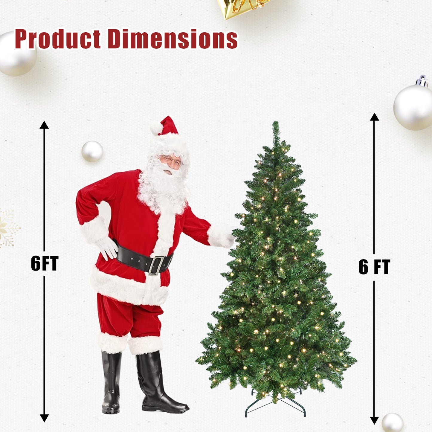 6ft artificial Christmas tree with warm white lights next to Santa Claus in red suit