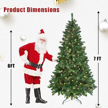 Santa Claus next to a 7ft artificial Christmas tree with warm white lights, showing product dimensions