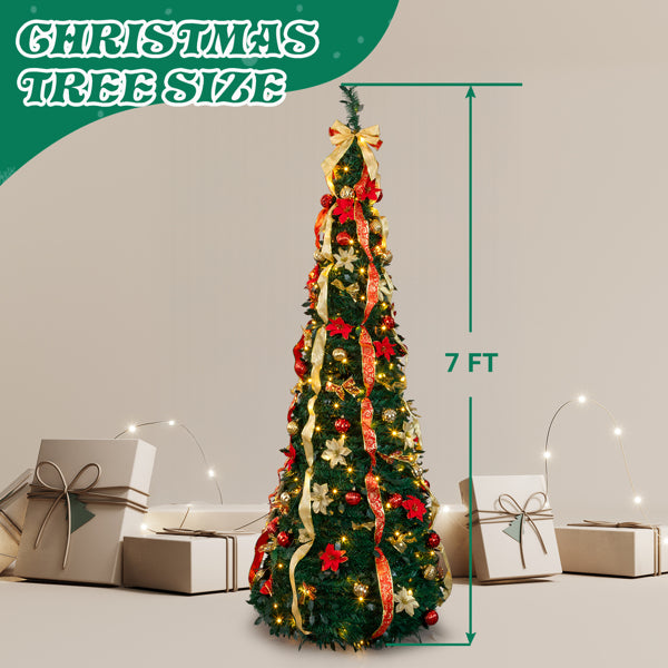 7 ft pre-lit artificial Christmas tree decorated with red and gold ornaments, ribbons, bows, surrounded by gift boxes