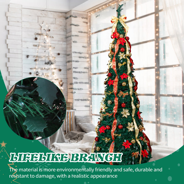 7 ft pre-lit narrow Christmas tree decorated with red poinsettias, gold ribbons, and ornaments in bright room