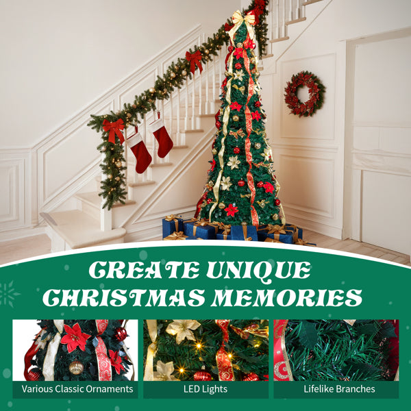 7ft pre-lit Christmas tree with red and gold ornaments, red bows, and blue gift boxes by staircase