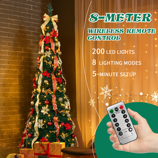 8-meter pre-lit Christmas tree with red and gold ornaments, ribbons, and wireless remote control