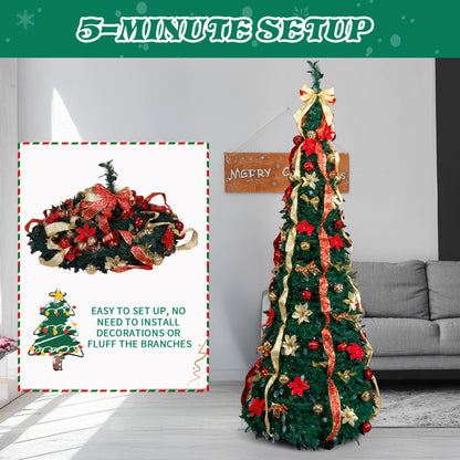 7ft pre-lit slim Christmas tree decorated with red poinsettias, golden bows, and ornaments near grey couch