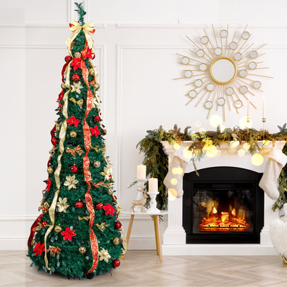 Tall pre-lit Christmas tree decorated with red and gold ornaments and ribbon next to a fireplace with holiday garland and stockings
