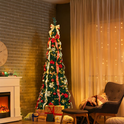7-foot pre-lit slim Christmas tree with red and gold ornaments, ribbons, and gifts beside a cozy fireplace