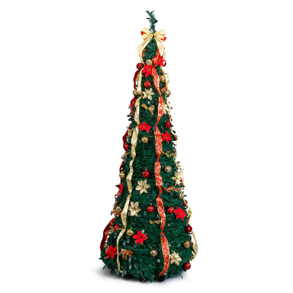 7 ft pre-lit pop-up Christmas tree decorated with red and gold ornaments, ribbons, and bows