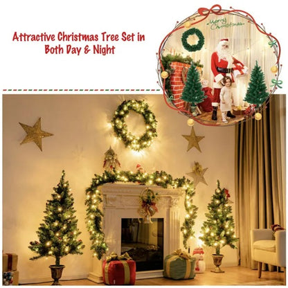 Christmas decor set with lighted wreath, garland, two small Christmas trees, gifts, and festive stars by a fireplace