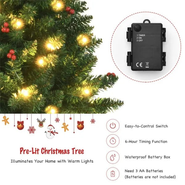 Pre-lit artificial Christmas tree with warm white lights, battery box with timer and easy control switch
