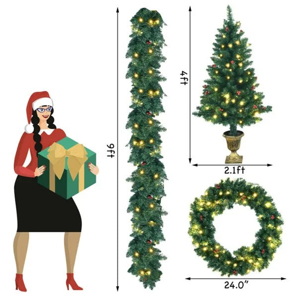 Christmas decor set with 9ft LED garland, 4ft decorated tree in urn, and 24-inch lighted wreath