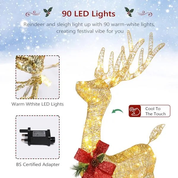 Lighted Christmas reindeer decoration with 90 warm-white LED lights and red bow, indoor outdoor use