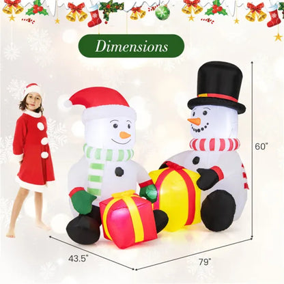 5ft inflatable snowmen with LED lights holding gift boxes, festive Christmas decoration with girl in Santa outfit